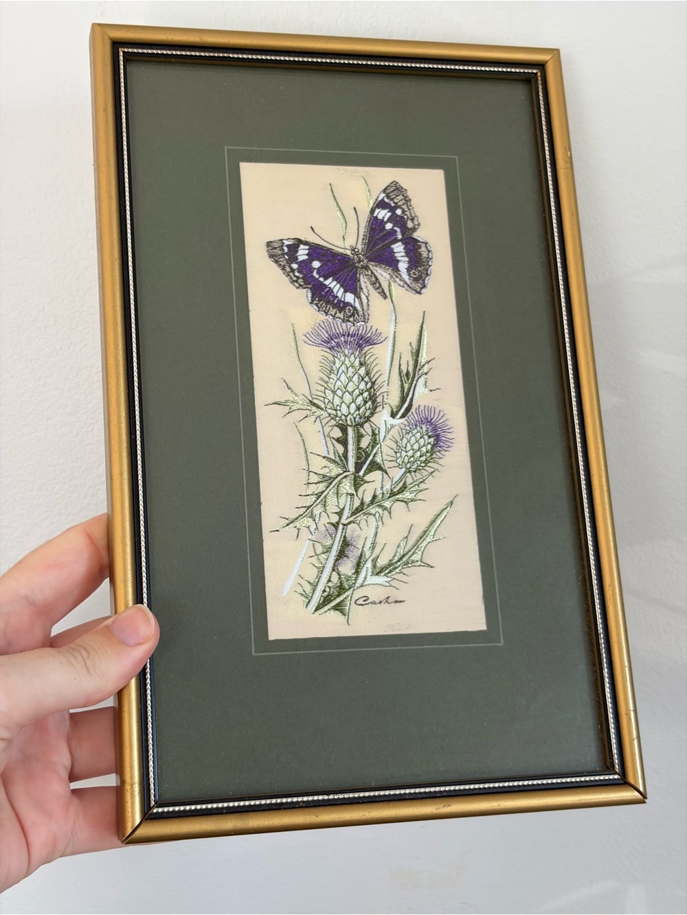 Woven Butterfly Embroidery with Green Matting and Gold Frame